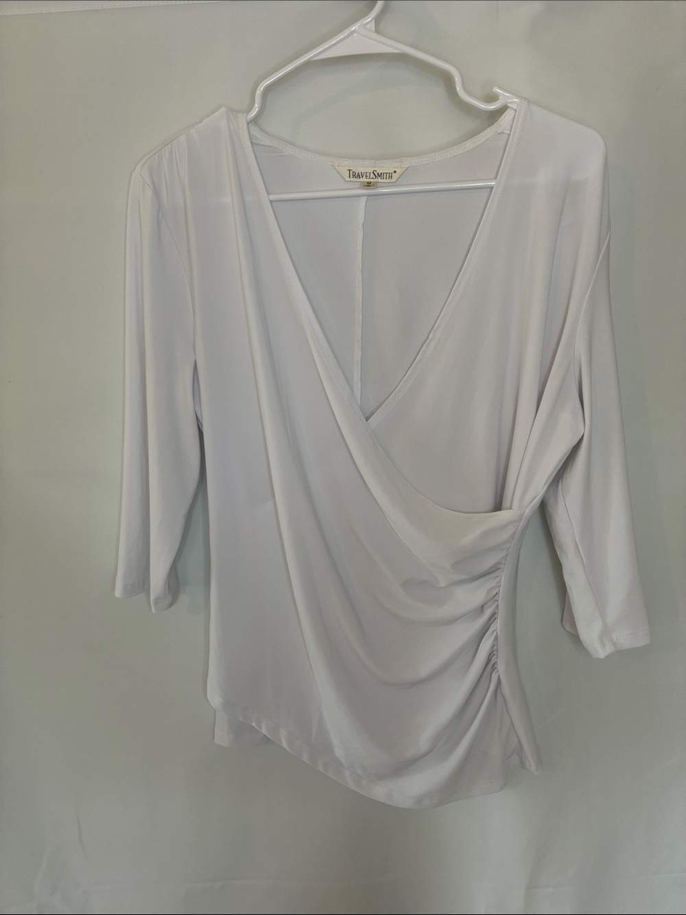 TravelSmith White Draped Wrap-Front Blouse